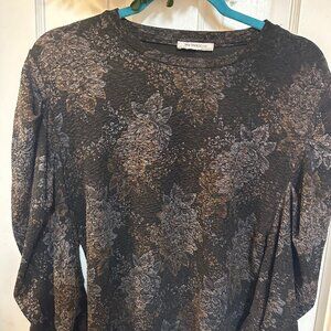 Zara Trafaluc Black/Gray and Brown Floral Blouse with Puffy Sleeves-Size Small